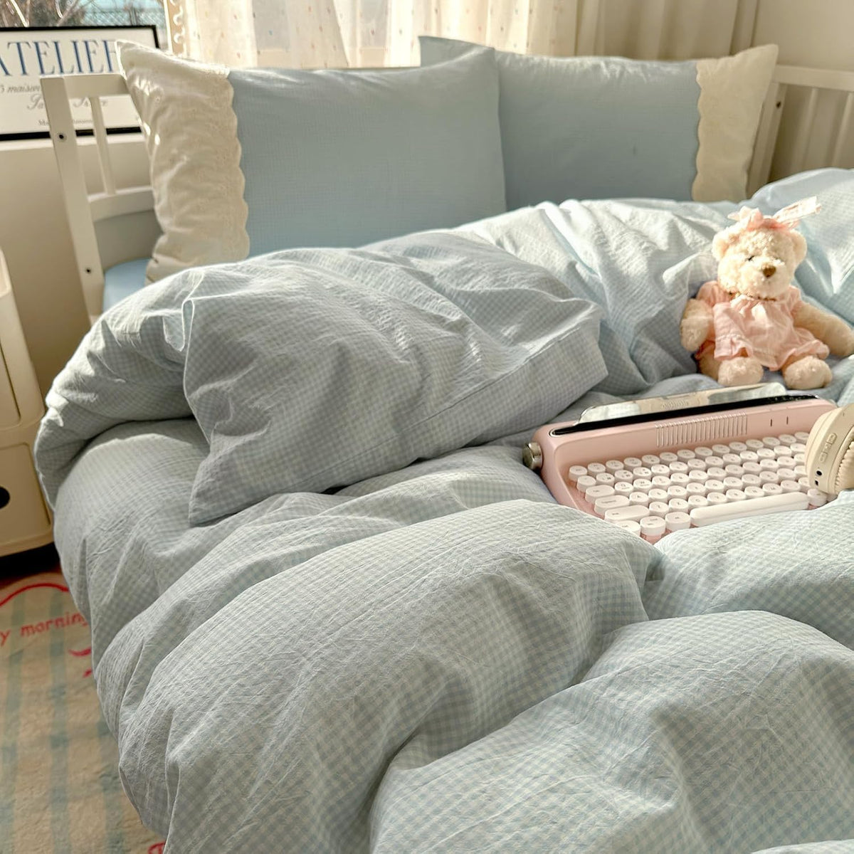 Light Blue Gingham Comforter Set - 3 Piece Soft Washed Microfiber Plaid Bedding Set with Lace Trim, All Seasons