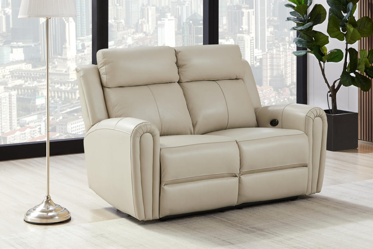 Beige Genuine Leather Power Recliner Sofa Loveseat with USB Port.