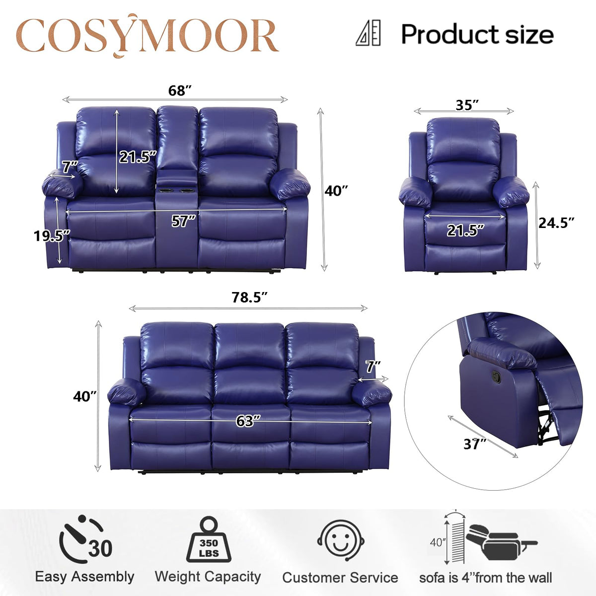 3 Pieces Living Room Furniture Sets with Cup Holder, Manual Leather Recliner Sofa Set with Storage, Bonded Leather