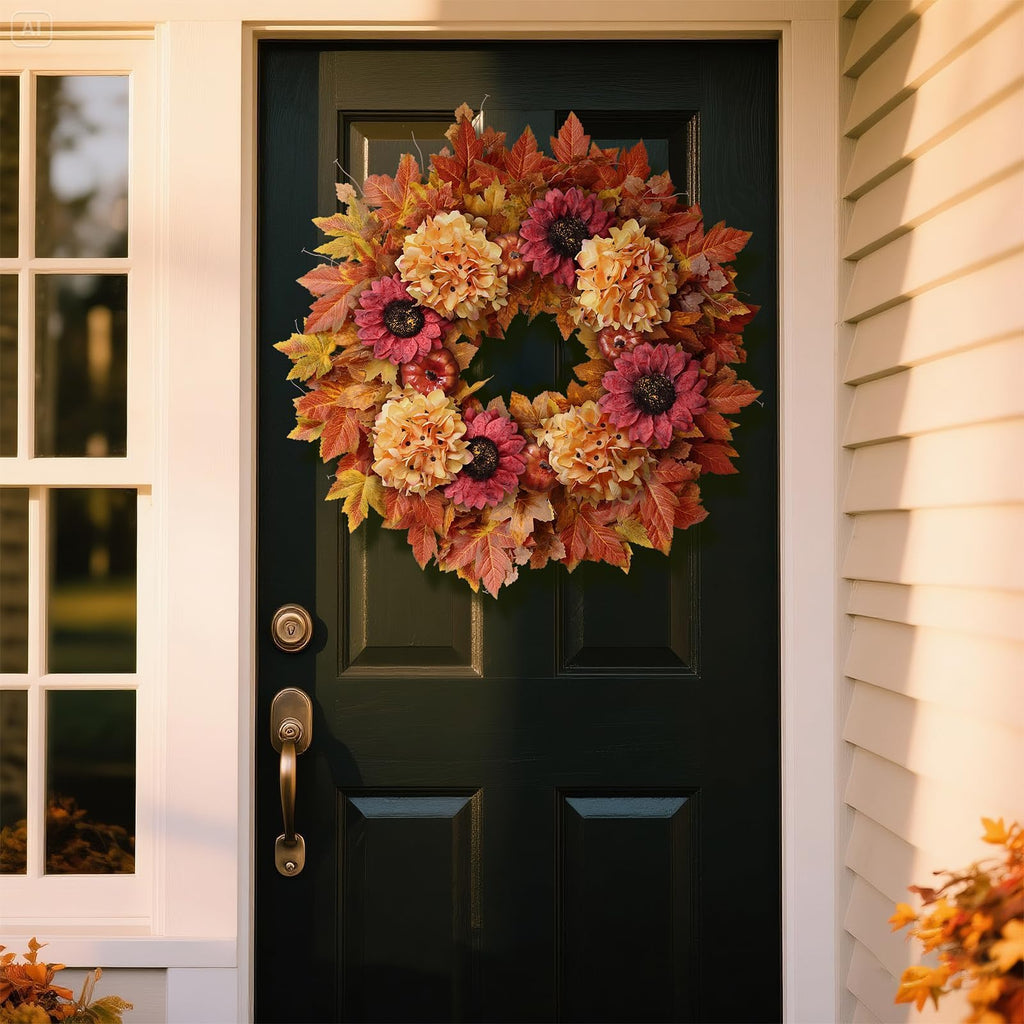 28" Large Artificial Fall Wreath with Flowers for Front Door Decor (Orange)
