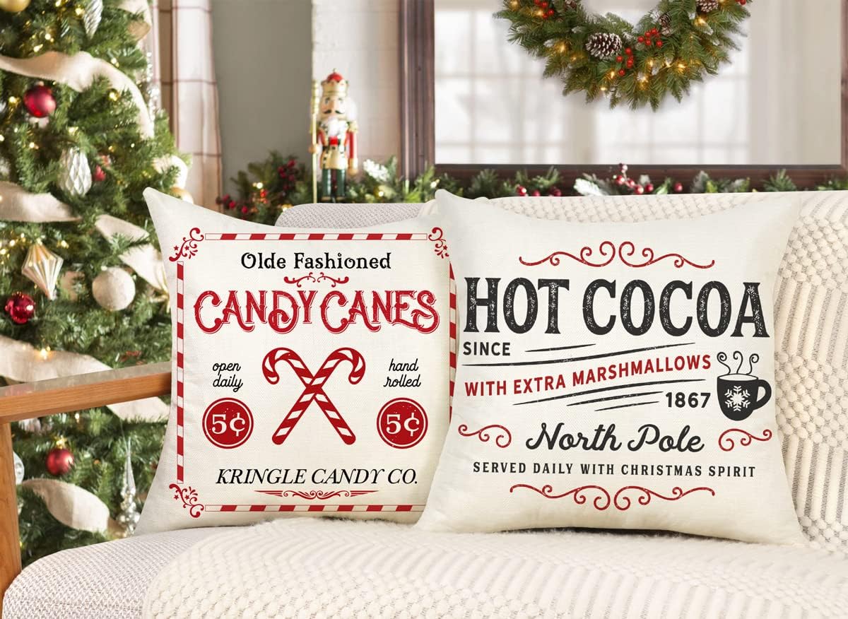 Farmhouse Christmas Pillow Covers 18x18 Winter Holiday Decorations Xmas Rustic Throw Cushion Case for Sofa - Set of 4