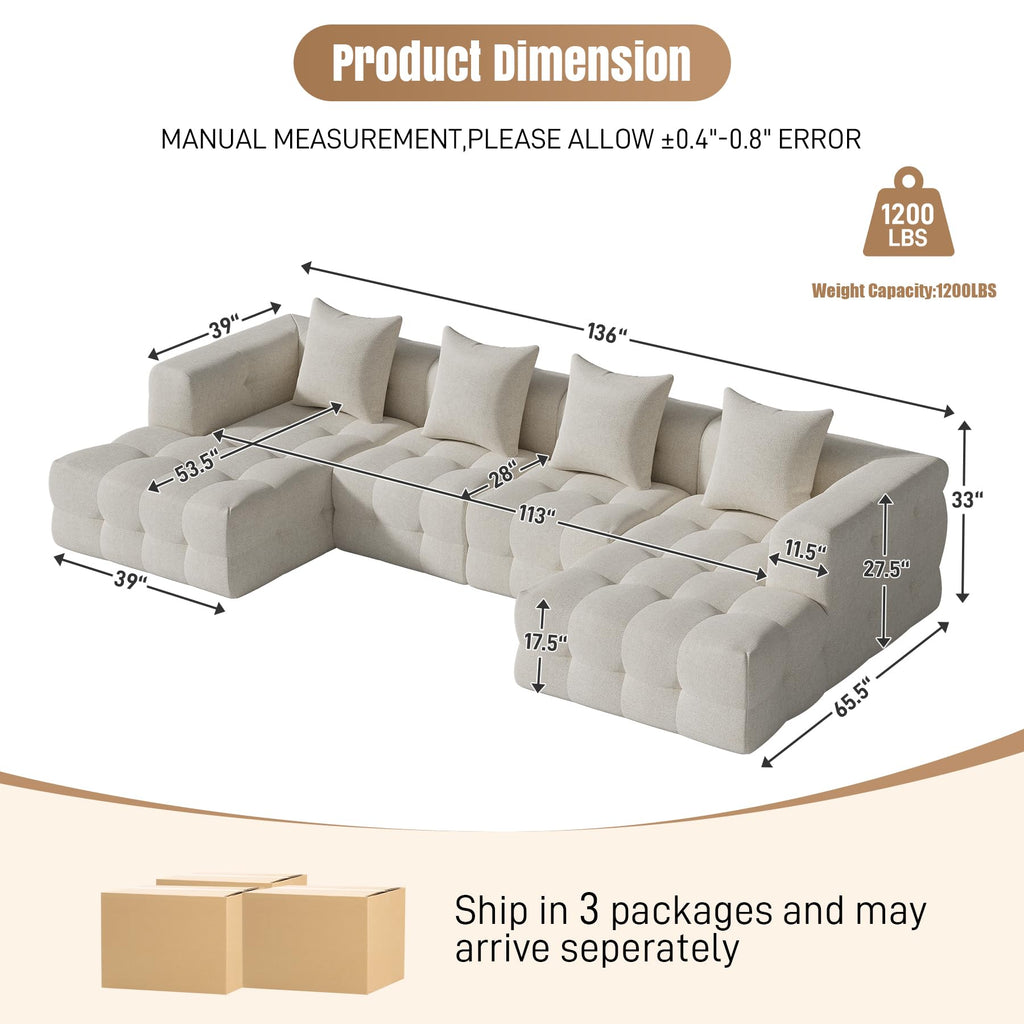 136" Boneless U-Shaped Couch, Cloud Sofa, Beige White