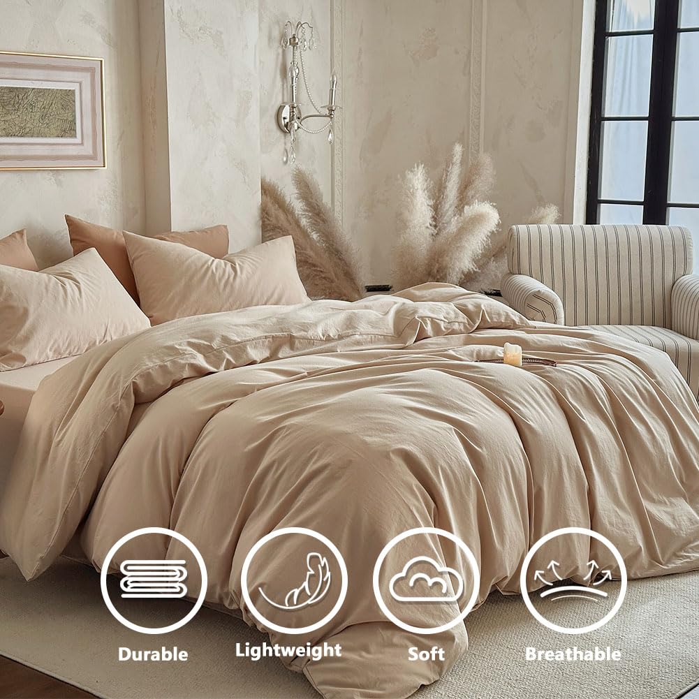 100% Washed Cotton Duvet Cover, Tannish Linen Grey, 68"x90"