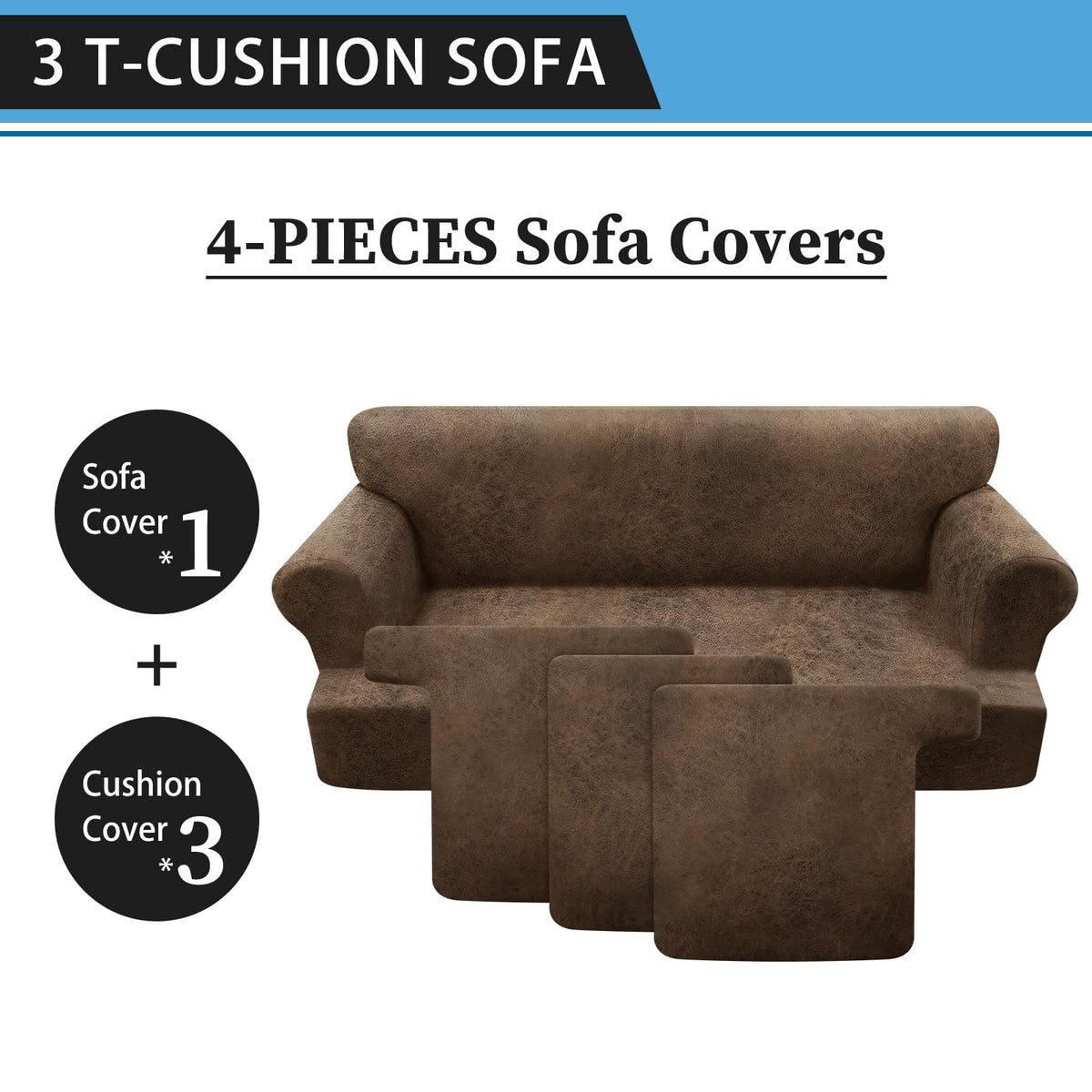 4-Pieces T Cushion Sofa Slipcovers - Leather Look Couch Cover for 3 Cushion Couch - Furniture Protector Stretch Sofa