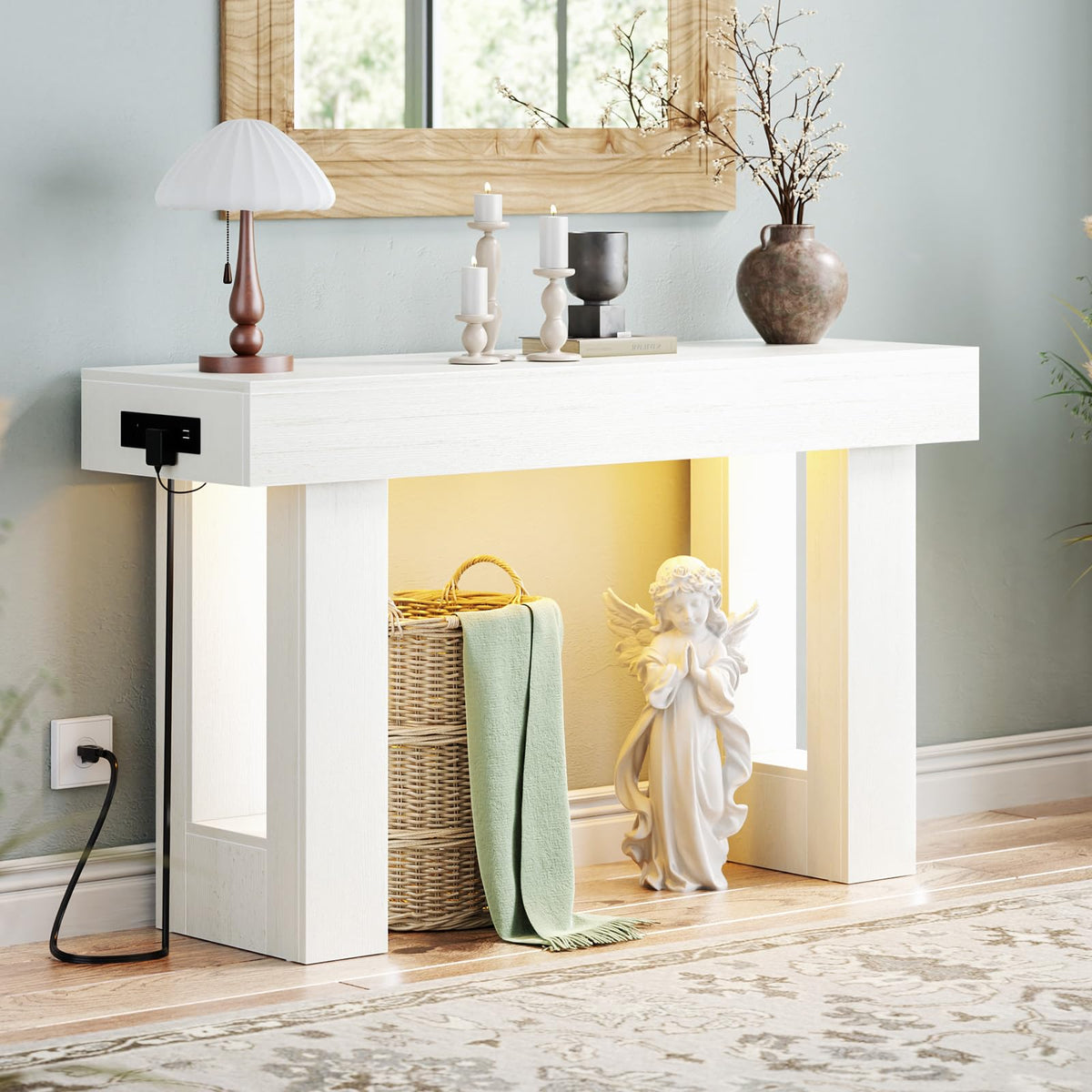 47" Entryway Table with Sensor Light and Outlets, Rustic White