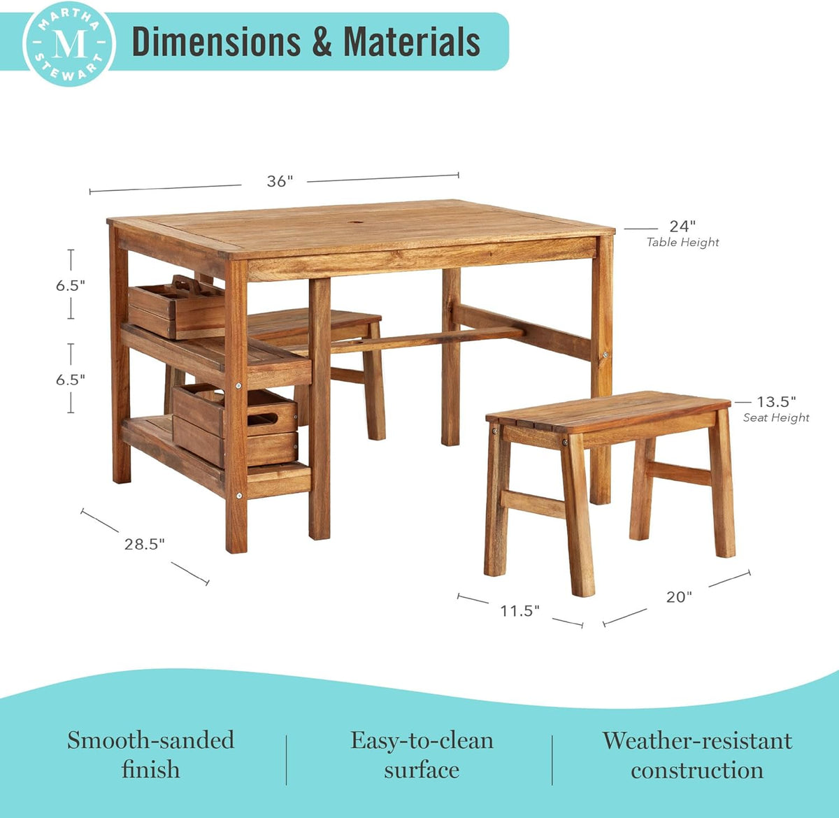 Kids Outdoor Craft Table and 2 Bench Set: Acacia Wood Activity Desk w/Crate, Caddy, and Storage Shelves | Kids Play &