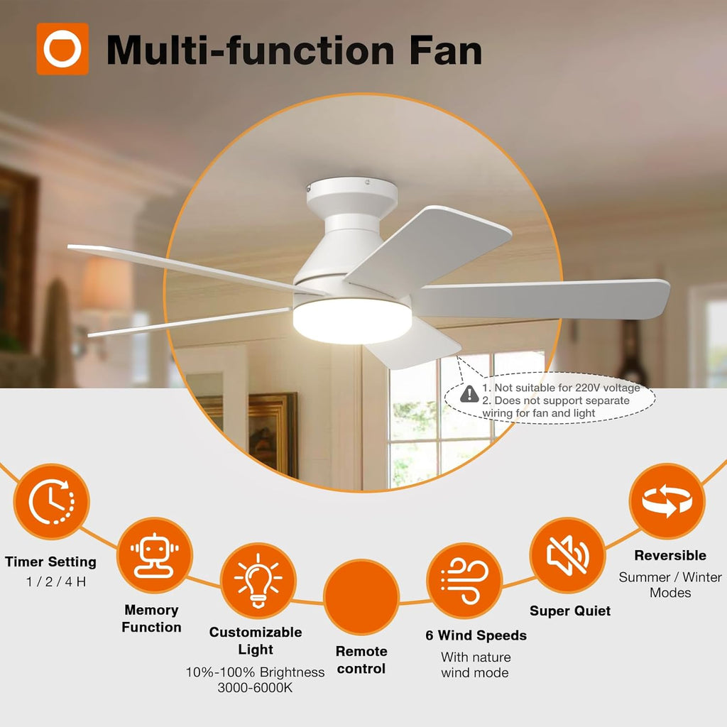 42" White Indoor/Outdoor Flush Mount Ceiling Fan with Light & Remote