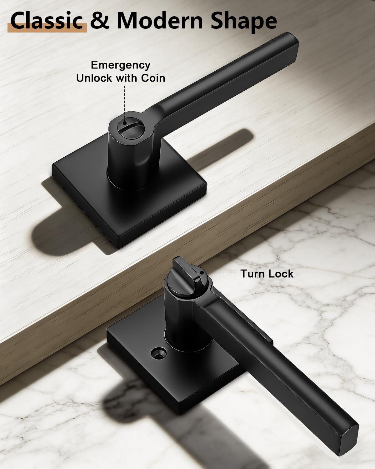 2 Pack Interior Privacy Door Handles, Matte Black Heavy Duty Levers with Lock Bathroom, Square Lockset Upgrade