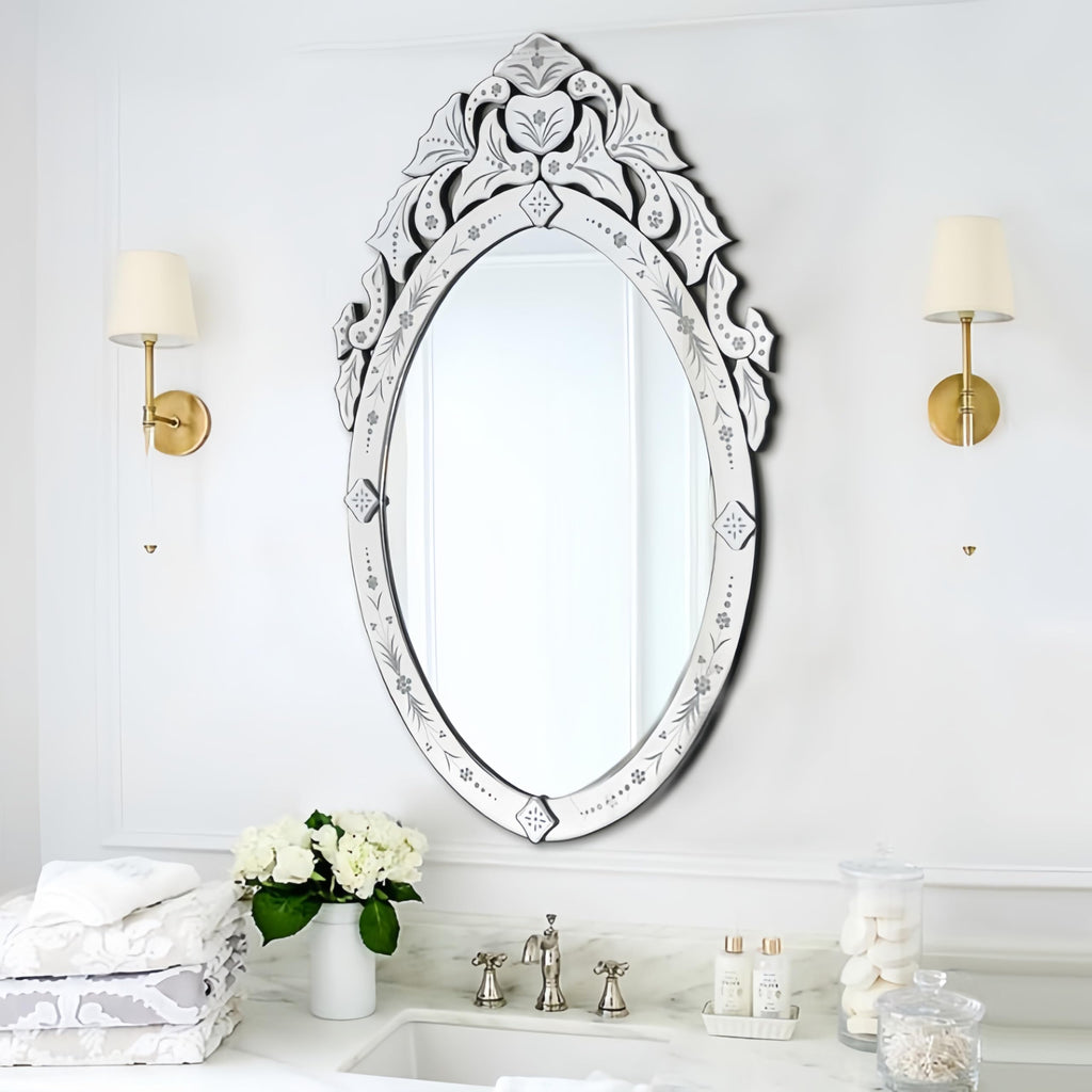 42x24 Oval Bathroom Mirror, Venetian Floral Etched Decorative Wall Mirror