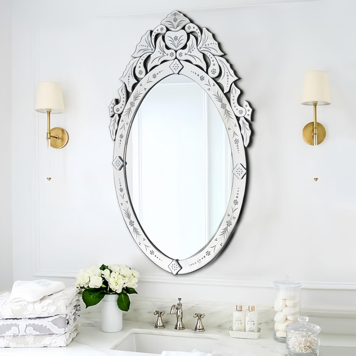 42x24 Oval Bathroom Mirror, Venetian Floral Etched Decorative Wall Mirror
