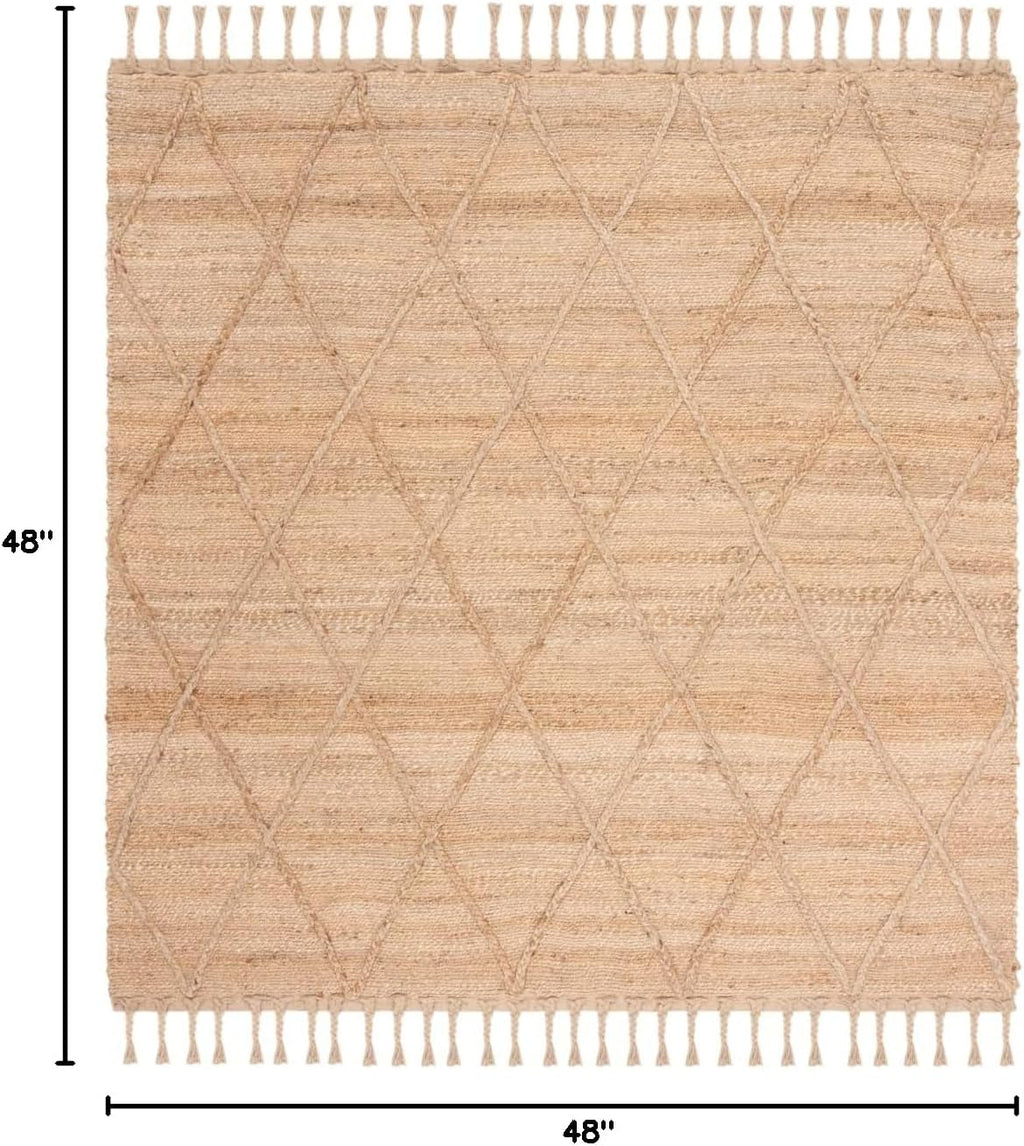 Natural Fiber Collection Area Rug - 4' Square, Natural, Farmhouse Rustic Moroccan Trellis Braided Tassel Jute Design