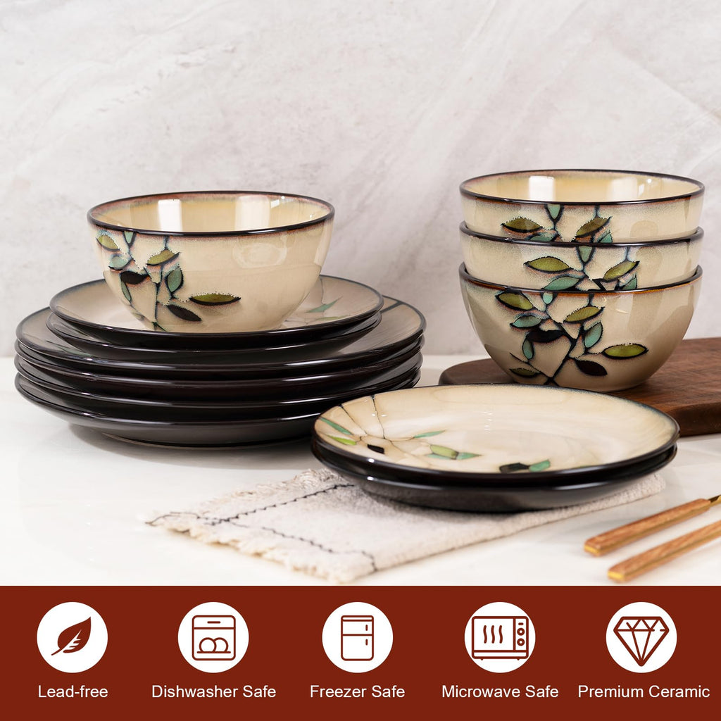 Bamboo Leaf Ceramic Dinner Plates Set of 12, Porcelain Dinnerware for Steak/Salad/Pasta/Dessert, Perfect , Party