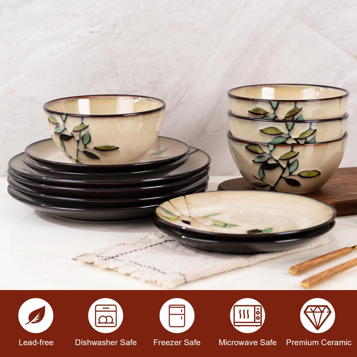 Bamboo Leaf Ceramic Dinner Plates Set of 12, Porcelain Dinnerware for Steak/Salad/Pasta/Dessert, Perfect , Party