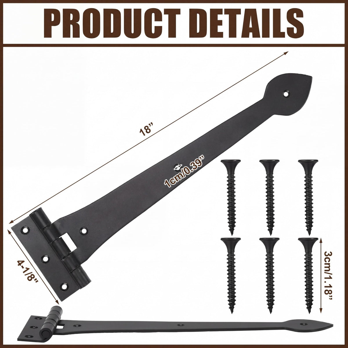 8 Pack 18 Inch Wrought Iron Strap Hinges Heavy Duty Heart Tip Tee, Classic