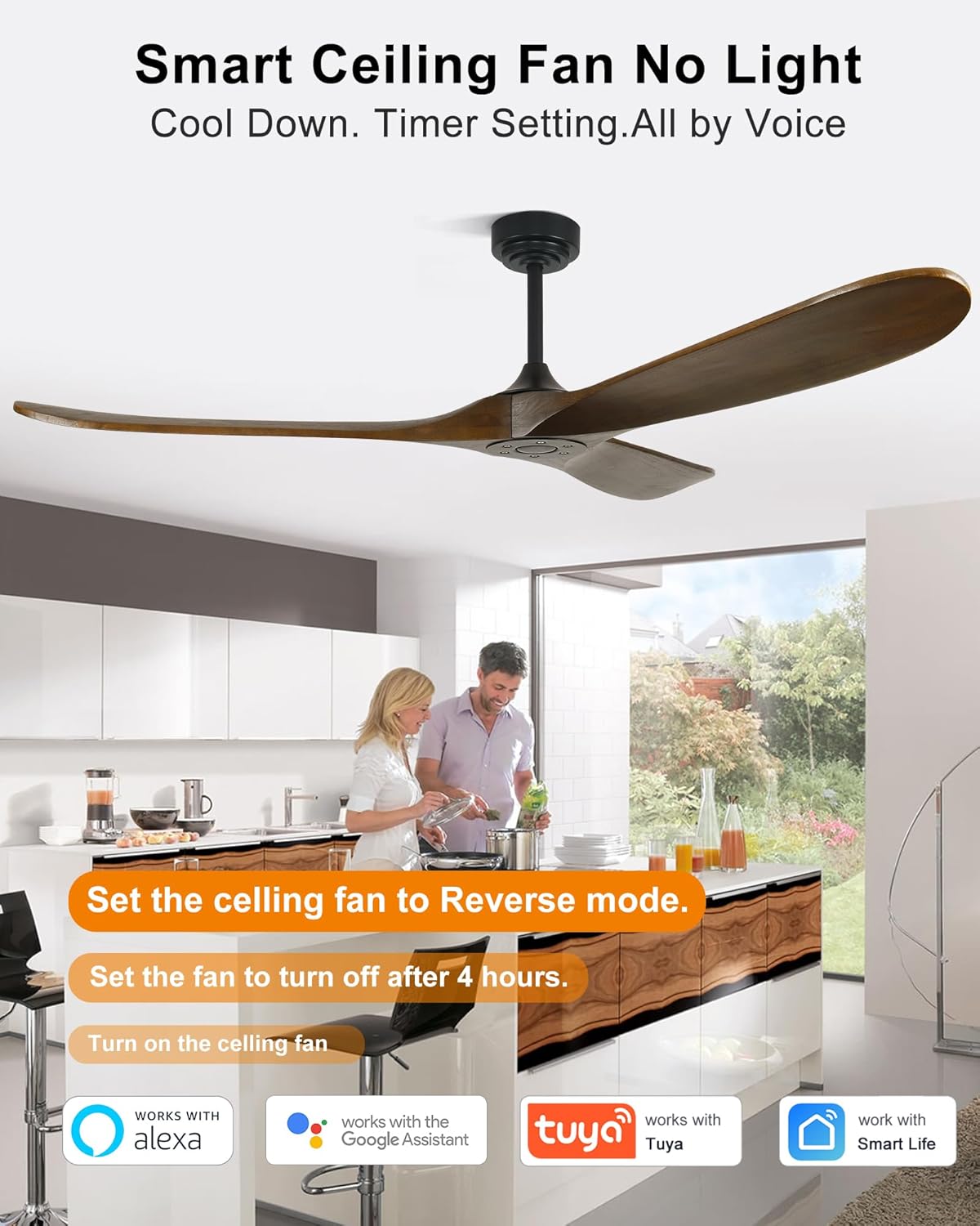 72" Wood Smart Ceiling Fan with Remote, No Light