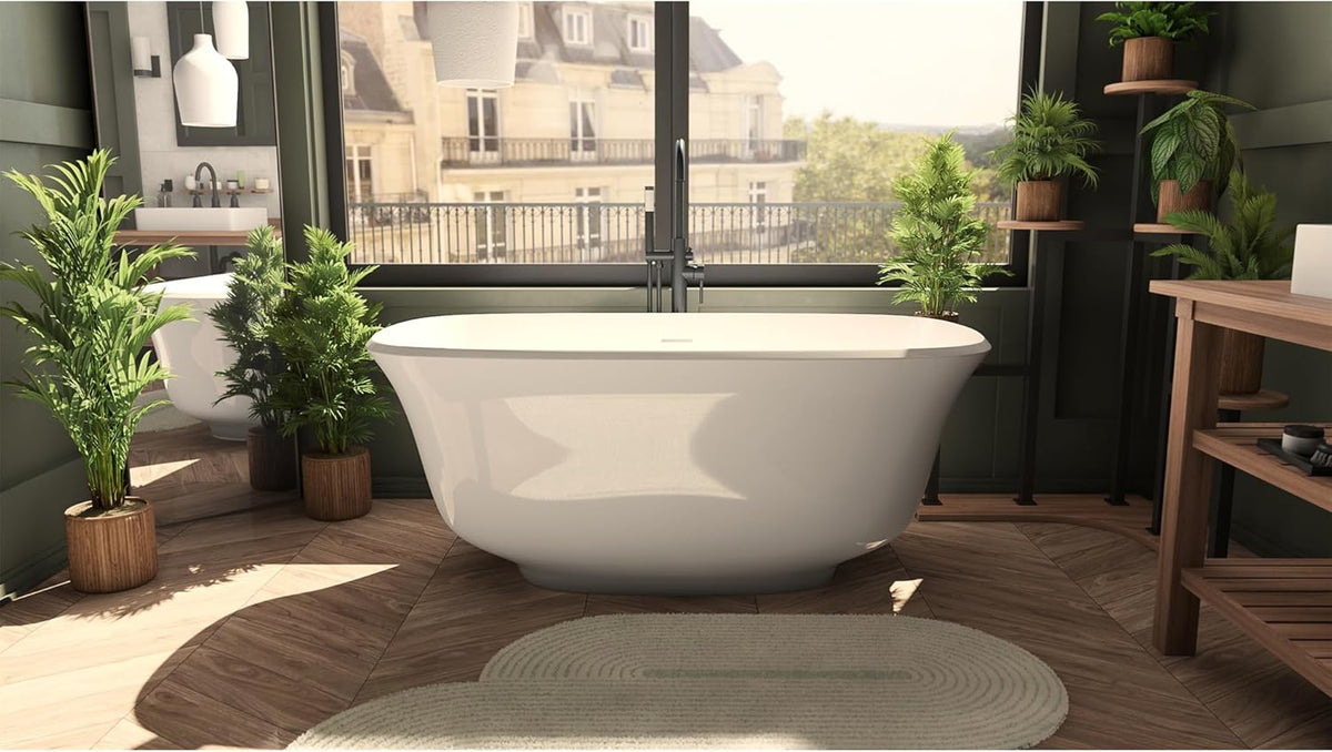 Elegance 59 in. L x 31 in. W x 23-5/8 in. H Freestanding Acrylic Bathtub, Brushed Nickel Drain
