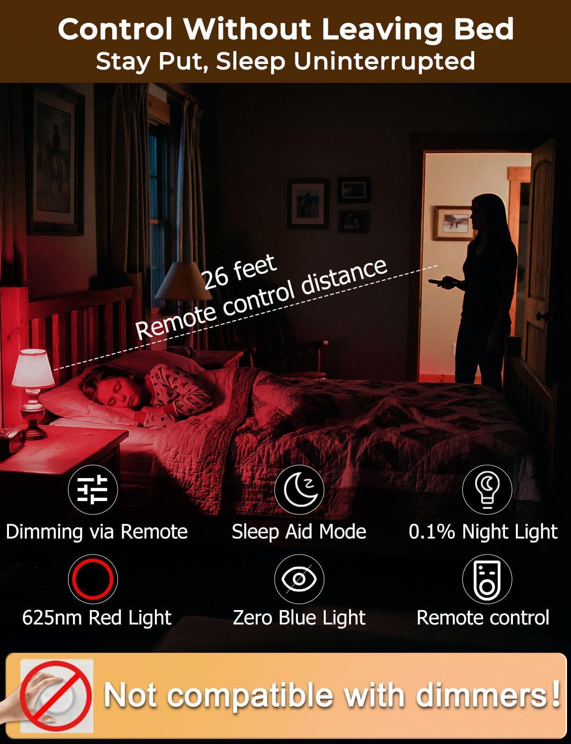 LED Red Light Bulbs for Sleep with Remote Control, E26 Circadian Light Bulb A15, 5W(40W Equivalent) for Sleep