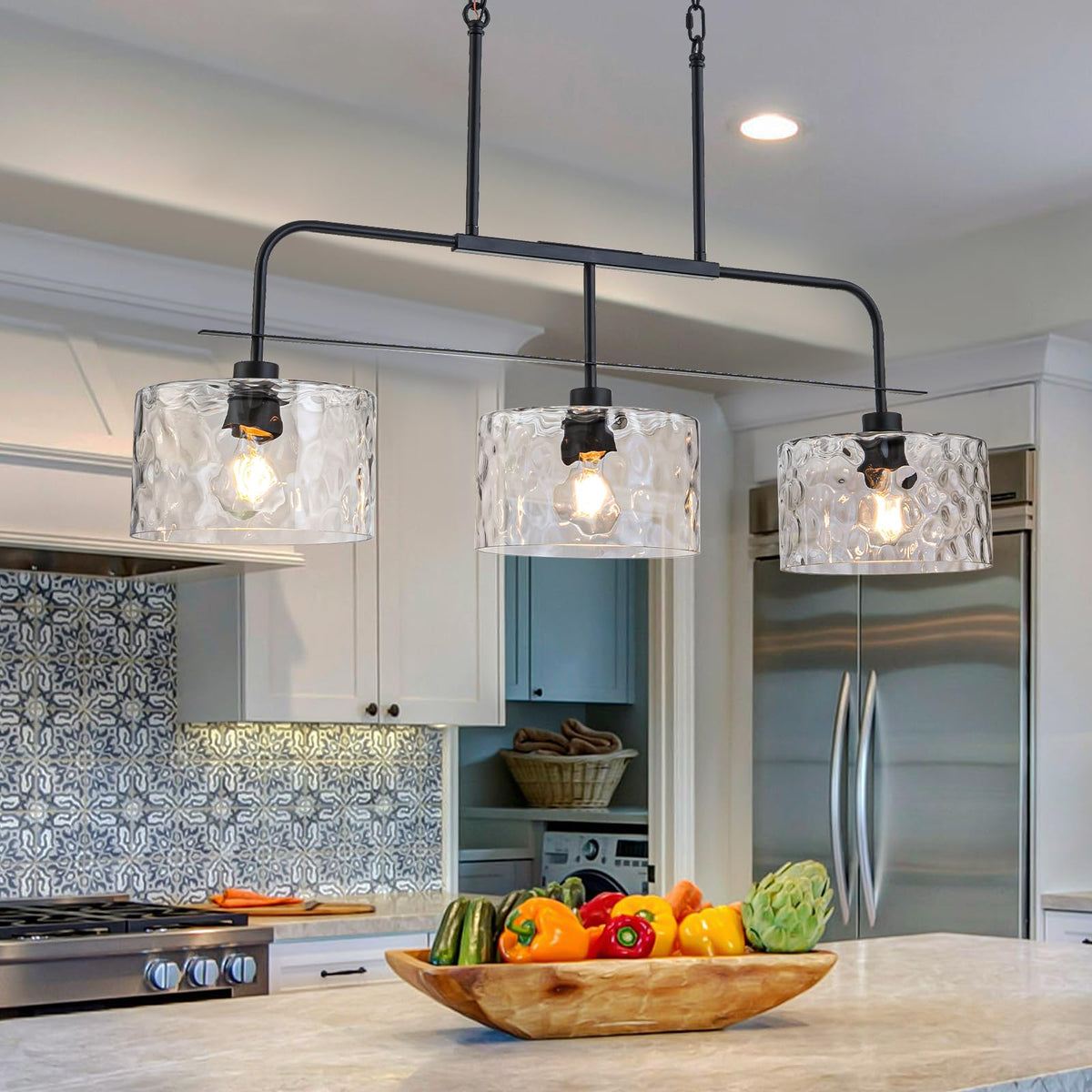 36" Linear Chandelier with Clear Rippled Glass Shades 3-Light Black Linear Pendant Light, Industrial Hanging