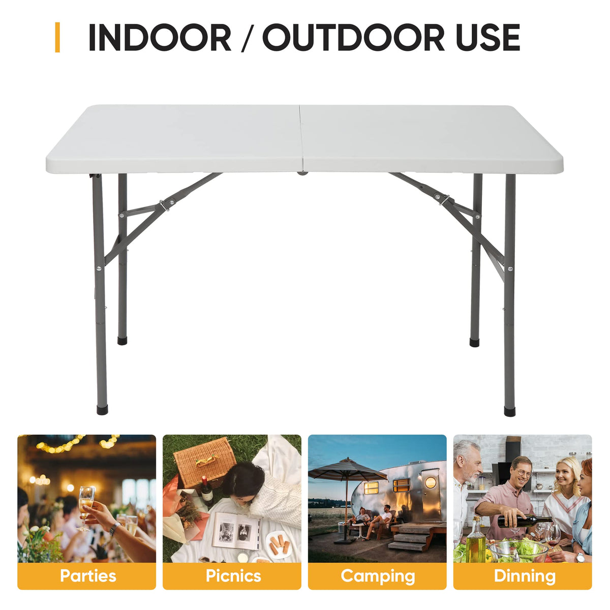4ft Portable Folding Table Plastic Indoor Outdoor Picnic Party Camp Dining Table with Handle, White