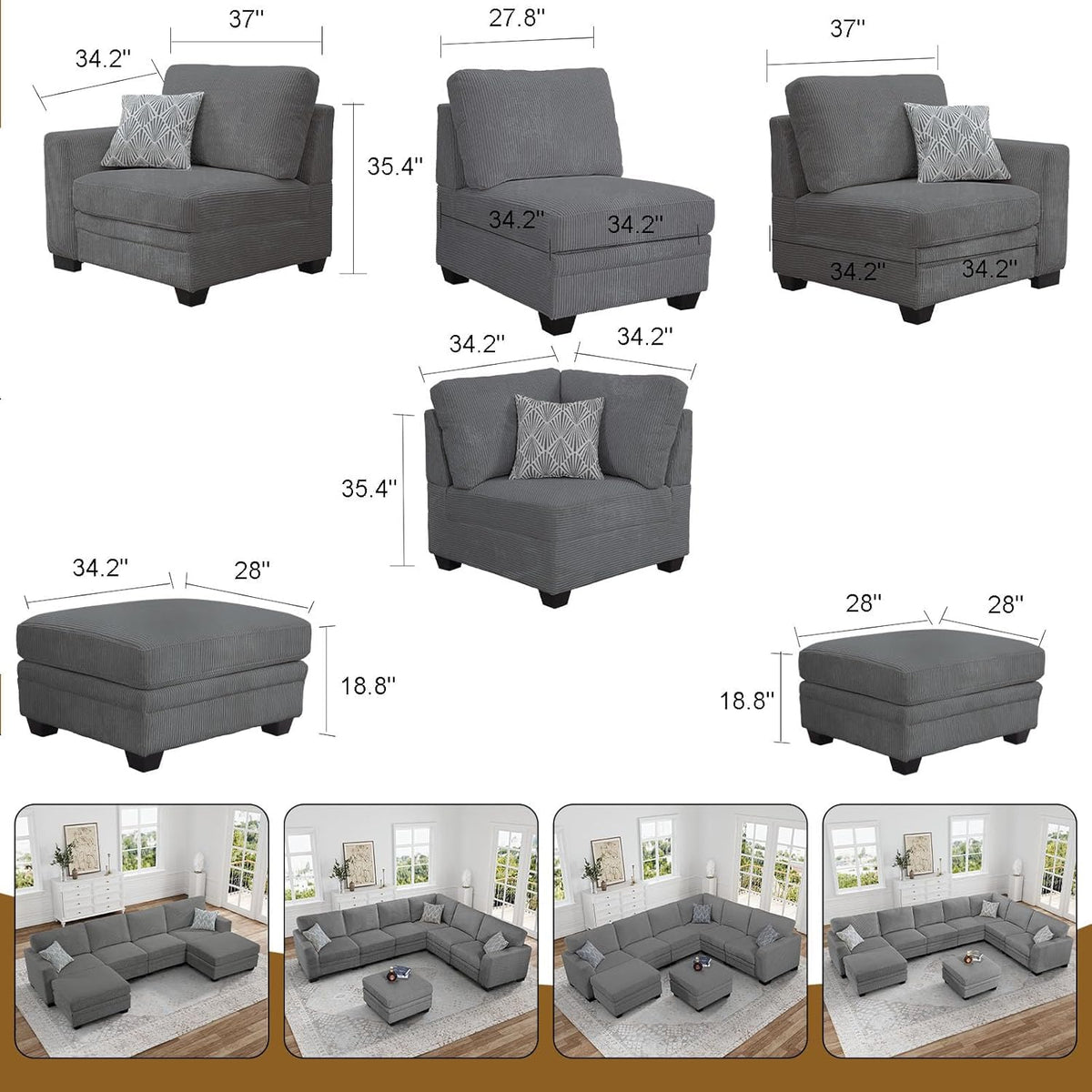 Oversized Modular Sectional Sofa, U/L‐Shaped Reversible Couch with Ottoman, Deep Seat Corduroy Sofa, 16‐Seater, Grey