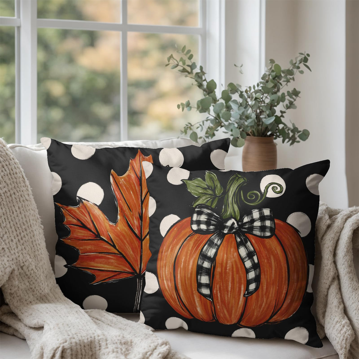 Fall Pillow Covers 20x20 Set of 2 Pumpkin Maple Leaves Polka Dot Throw Pillow Cases Autumn Thanksgiving Buffalo Plaid
