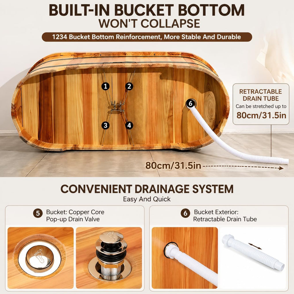 Cedar Wood Soaking Tub for Adults, Freestanding Wooden Bathtub with Lid & Steamer, Deep Japanese Style Bath Tub with Seat, Home Spa Bath Barrel (NW, 47.2 in)
