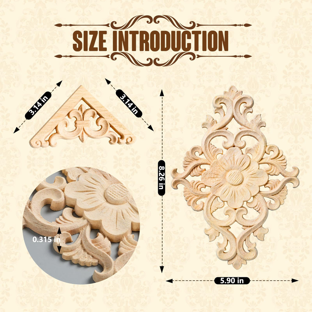 20pcs(4 Pack) Wood Appliques Decorative Carved Onlays, Wooden Carved Appliques DIY Decoration for Furniture, Wood