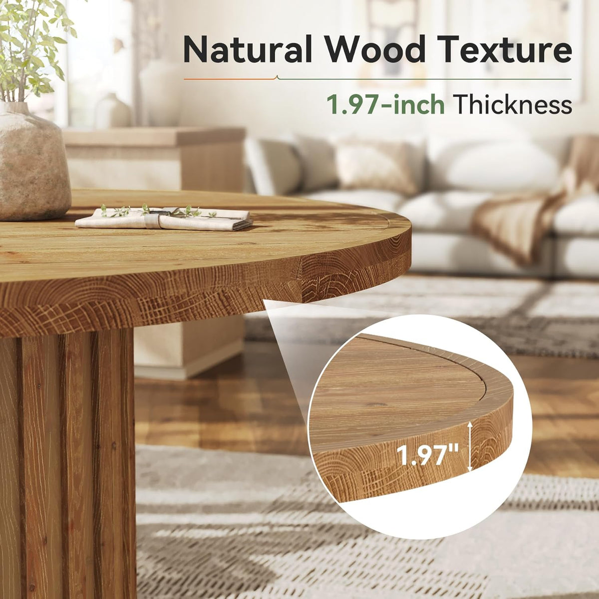 47" Solid Wood Dining Table for 4-6, Farmhouse Round Kitchen Table with Striped Pedestal Base, Circle Wooden Dining