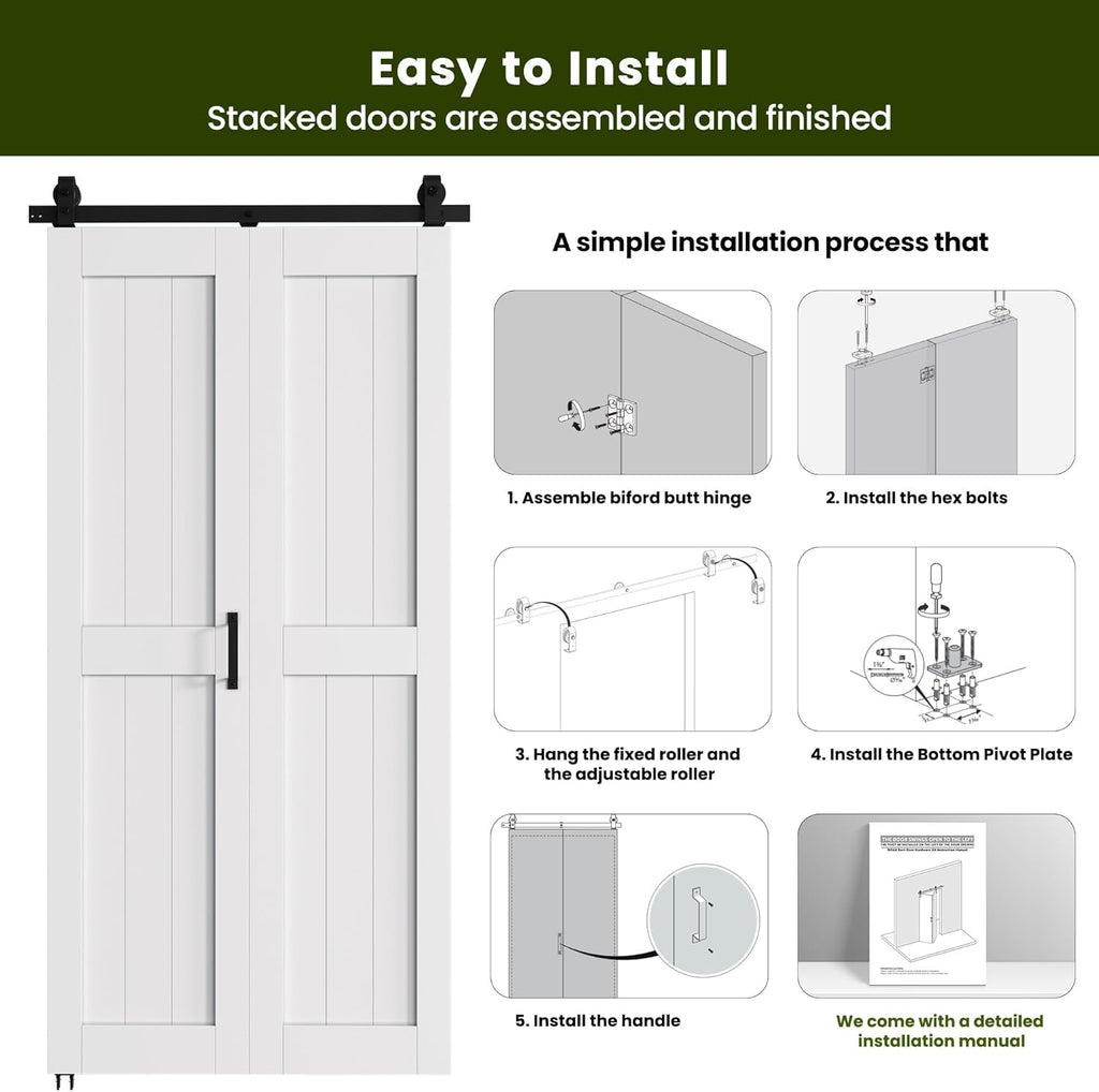 Bifold Barn Door 32'' x 84'',Bi-Fold Sliding Closet Doors with Hardware Kit Included,36'' Track Kit for 2 Doors
