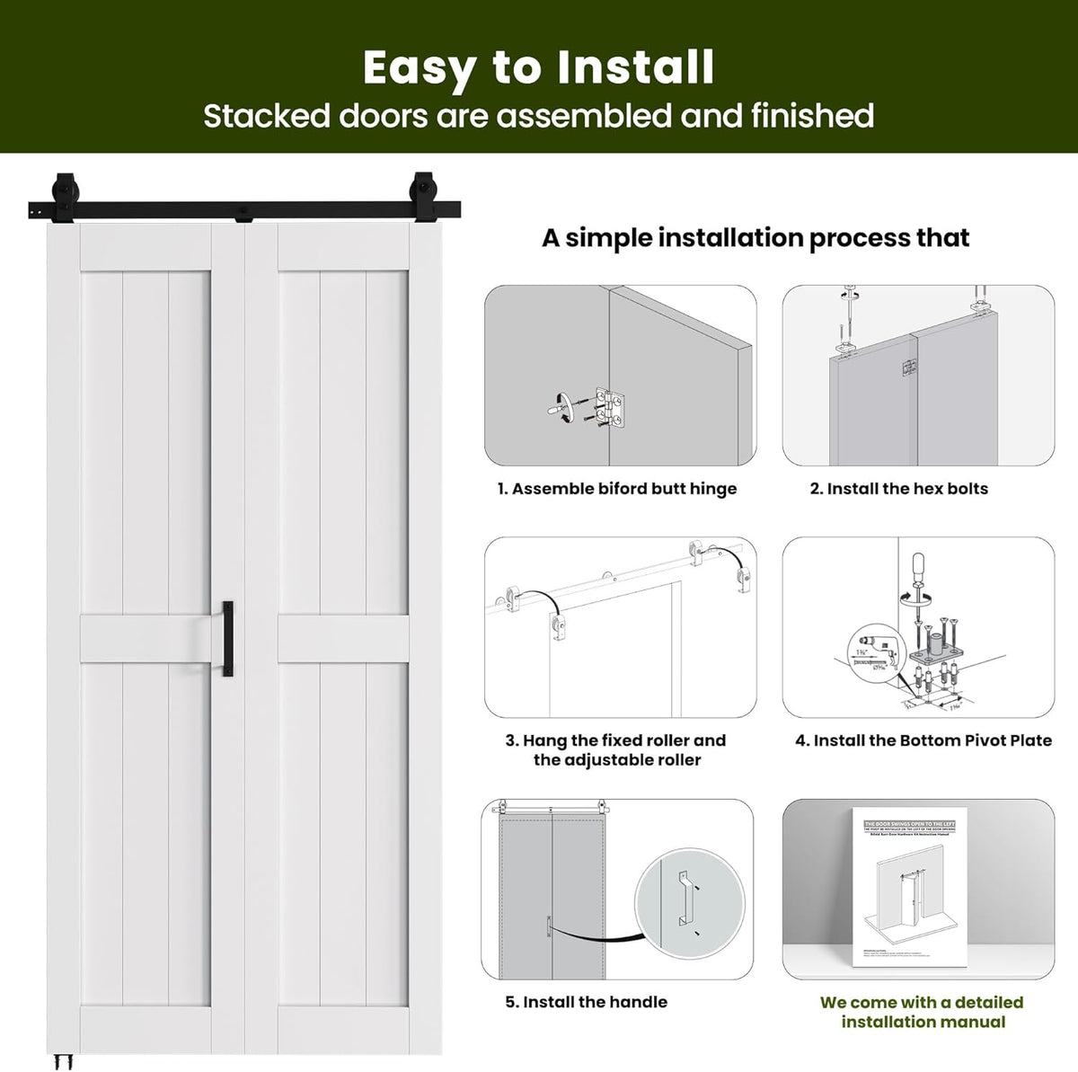 Bifold Barn Door 32'' x 84'',Bi-Fold Sliding Closet Doors with Hardware Kit Included,36'' Track Kit for 2 Doors