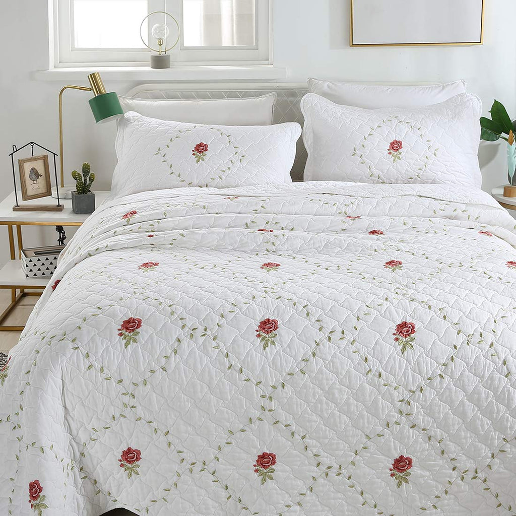3-Piece Elegant Flower and Leaf Embroidered Bedspread Coverlet Set Oversize Queen 100% Cotton Reversible Patchwork 1