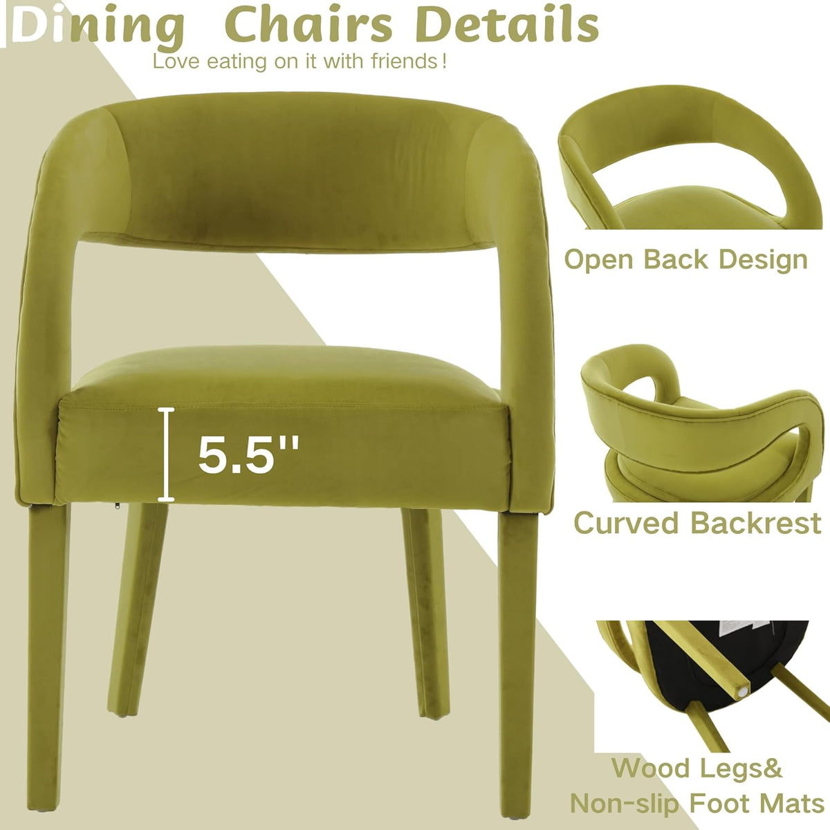 Modern Barrel Dining Chairs Set of 2, Green Velvet Upholstered Dining Room Chairs Open Back Kitchen Chairs Accent Side