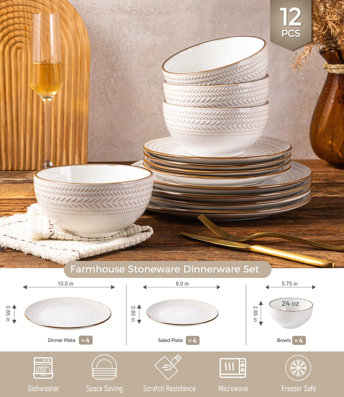 Stoneware Dinnerware Set for 4, 12 Piece Farmhouse Dishes Set