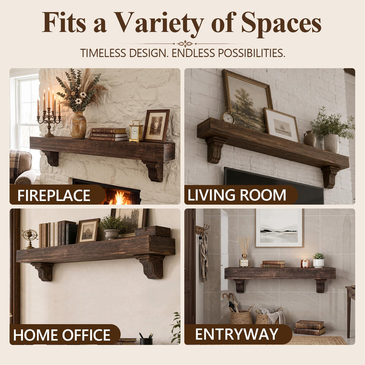 72 Inch Fireplace Mantel Shelf with Corbels Solid Wood Rustic Walnut Finish