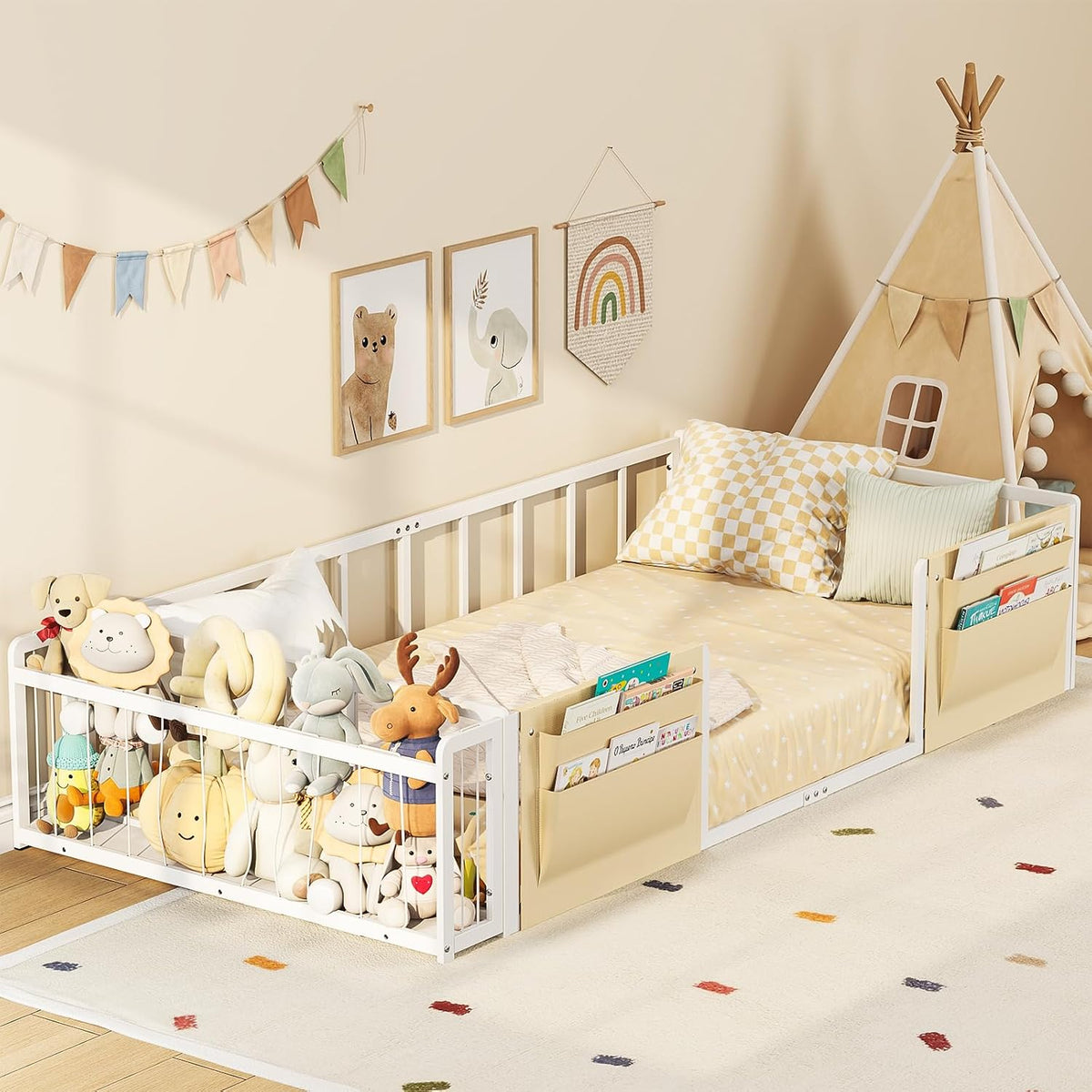 Montessori Twin Floor Bed with Stuffed Animal Storage and Caddy | Boys and Girls,Rail Fence,Metal Frame,No Box Spring