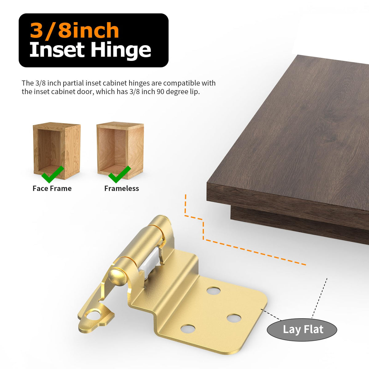 3/8 Inch Inset Cabinet Hinges, 5 Pairs(10 Pack) Self Closing Flush Face Mount Hinges with Door Bumper, Variable