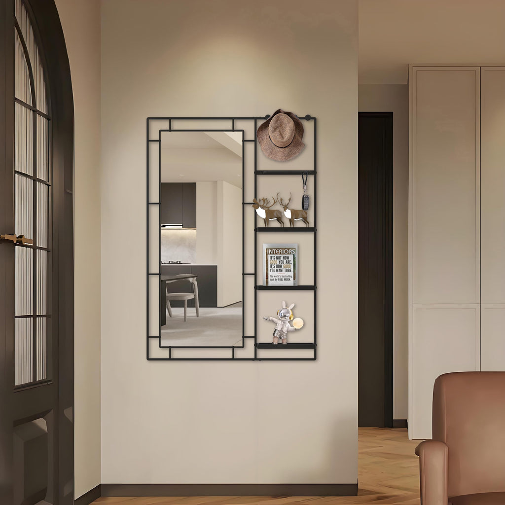 43" X 30" Black Wall Mounted Mirror for Wall, Full Length Mirror with Shelf and Hooks, Large Wall Mirror with Metal