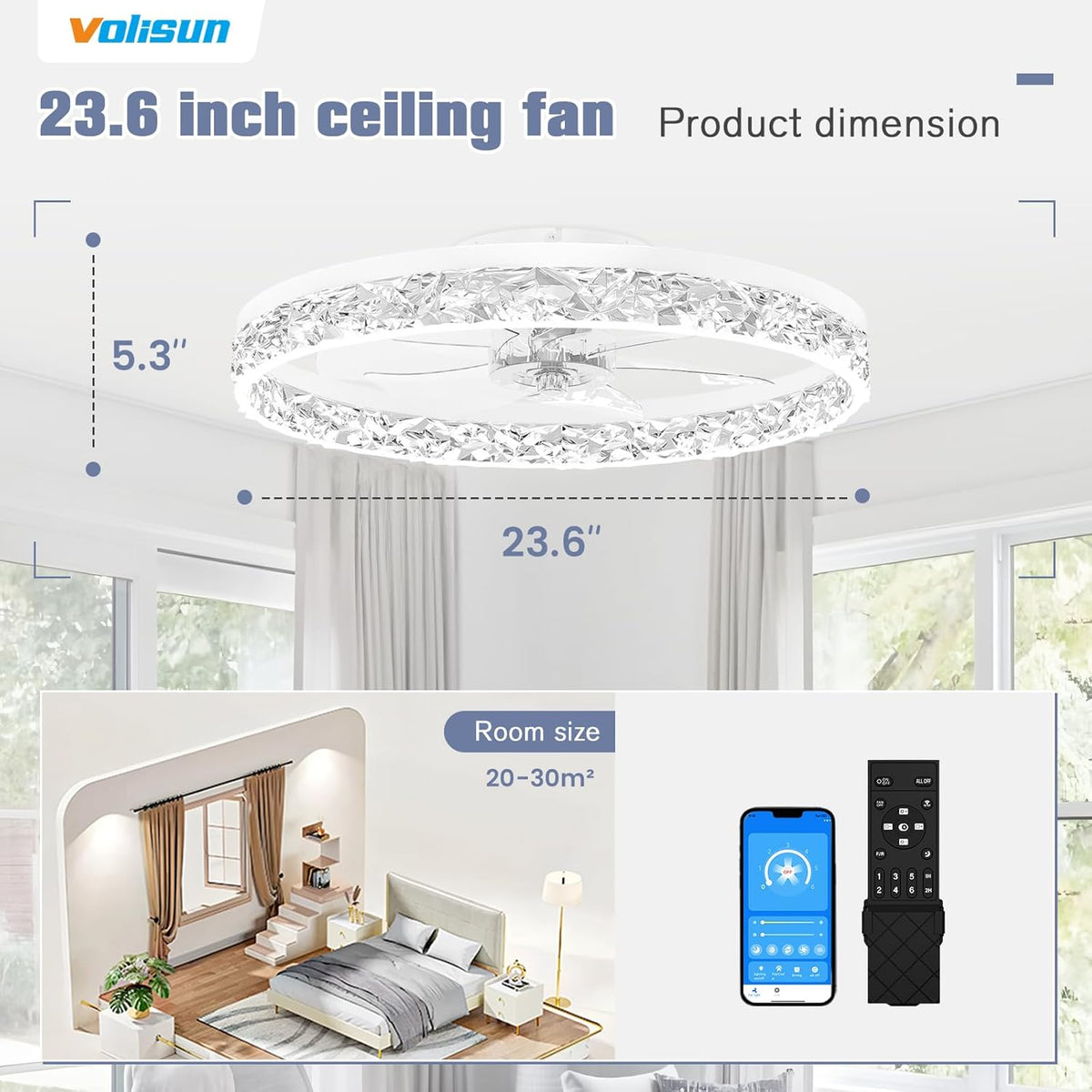 23.6" Flush Mount Chandelier Ceiling Fan with Light & Remote