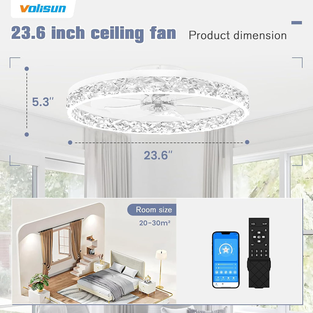 23.6" Flush Mount Chandelier Ceiling Fan with Light & Remote