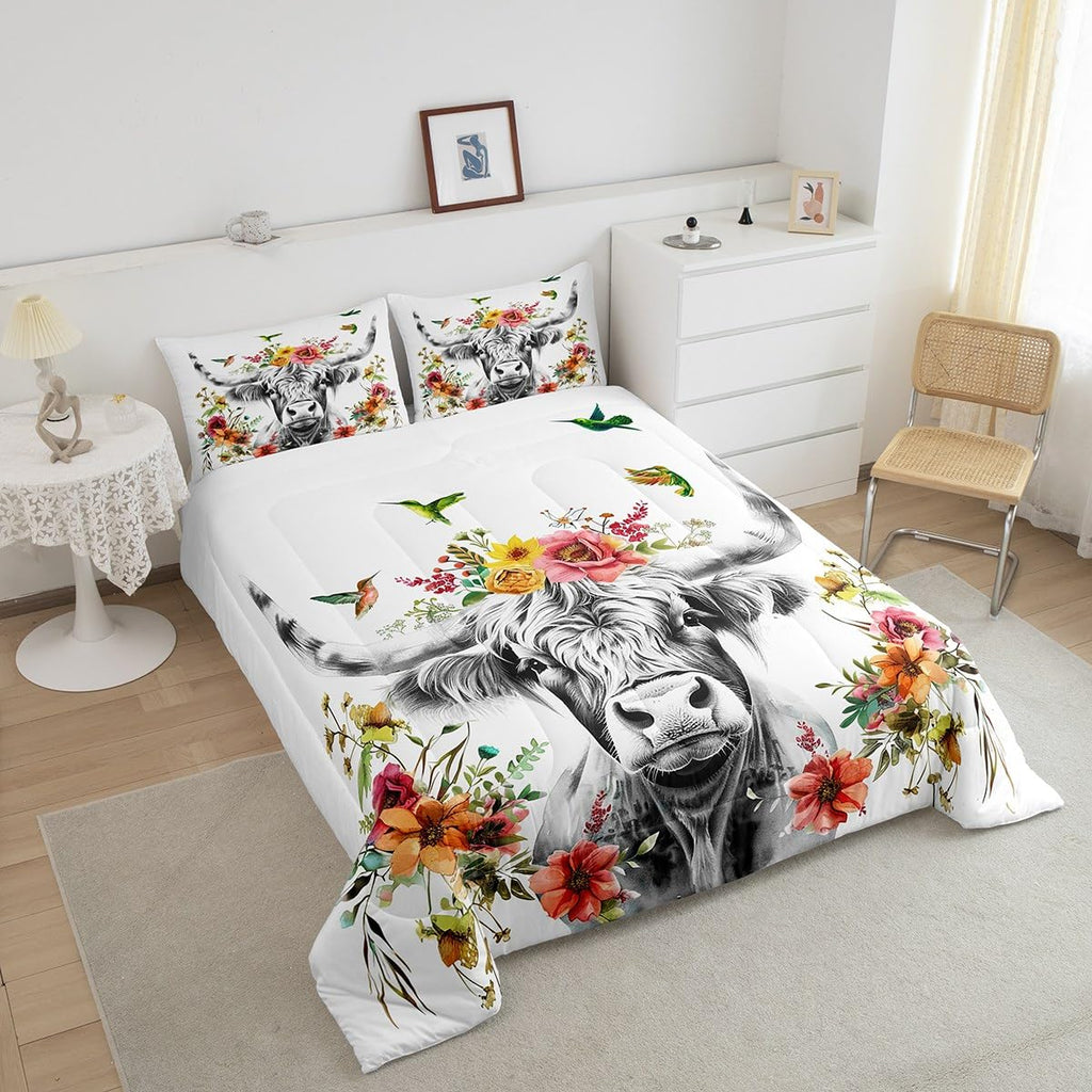 Highland Cow Floral Comforter Set Bull Cattle Flower Bedding Set Wildlife Farmhouse Cow Quilt Hummingbird