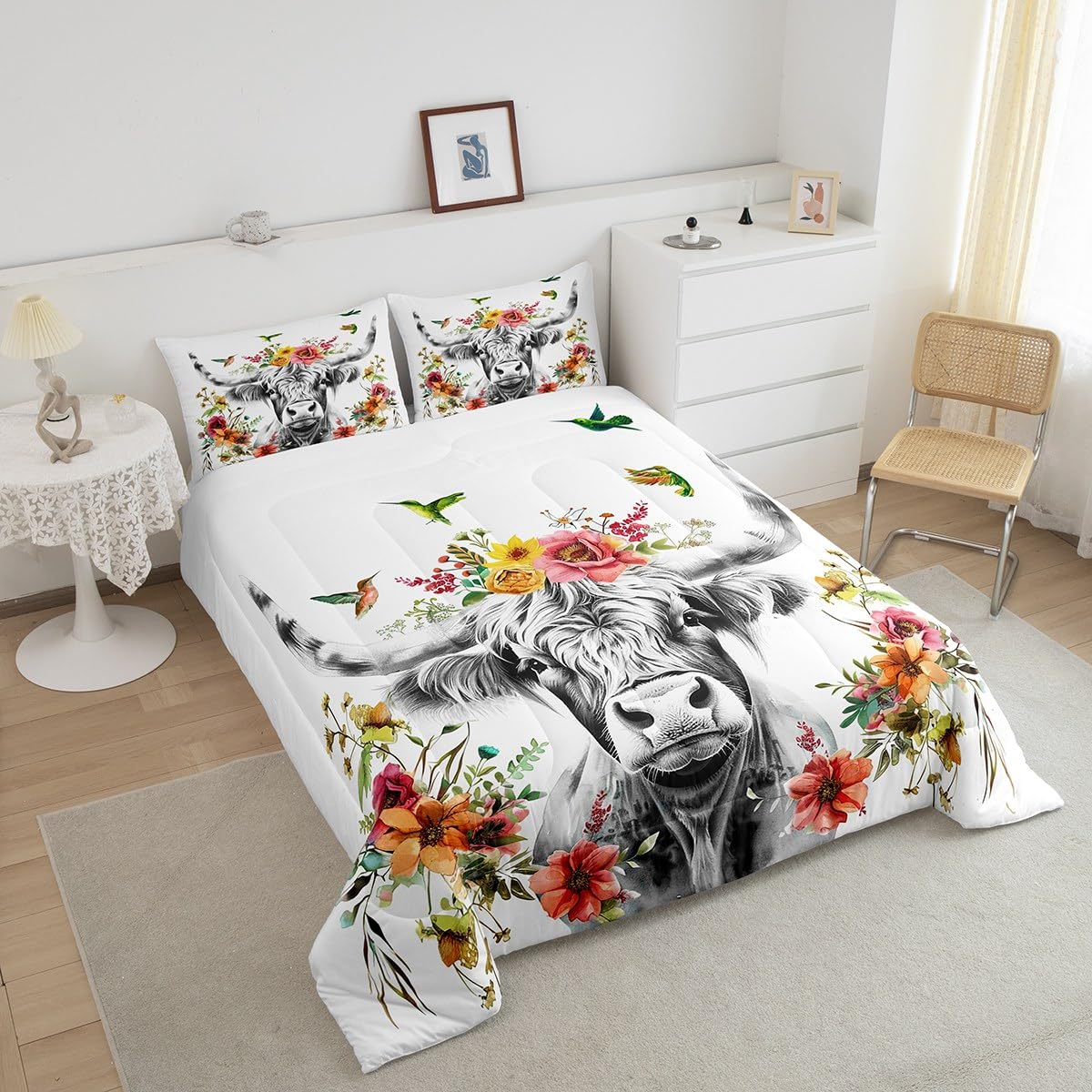 Highland Cow Floral Comforter Set Bull Cattle Flower Bedding Set Wildlife Farmhouse Cow Quilt Hummingbird