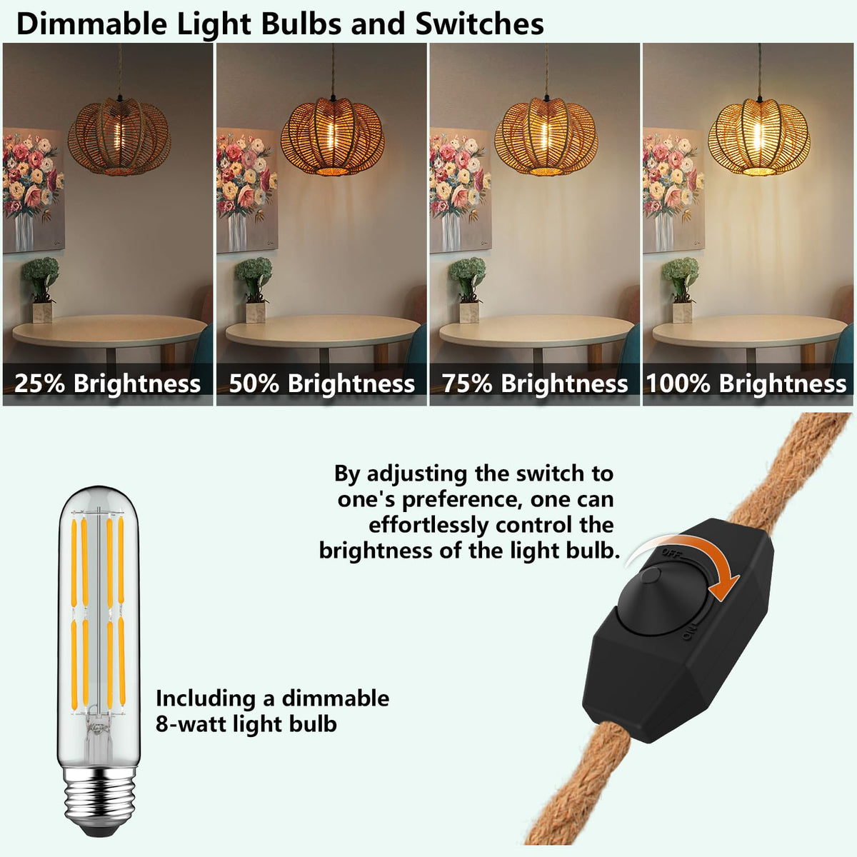 Plug in Pendant Light Rattan Hanging Lights with Plug in Cord 15FT Hemp Rope Cord, Dimmable Switch - Indoor Hanging