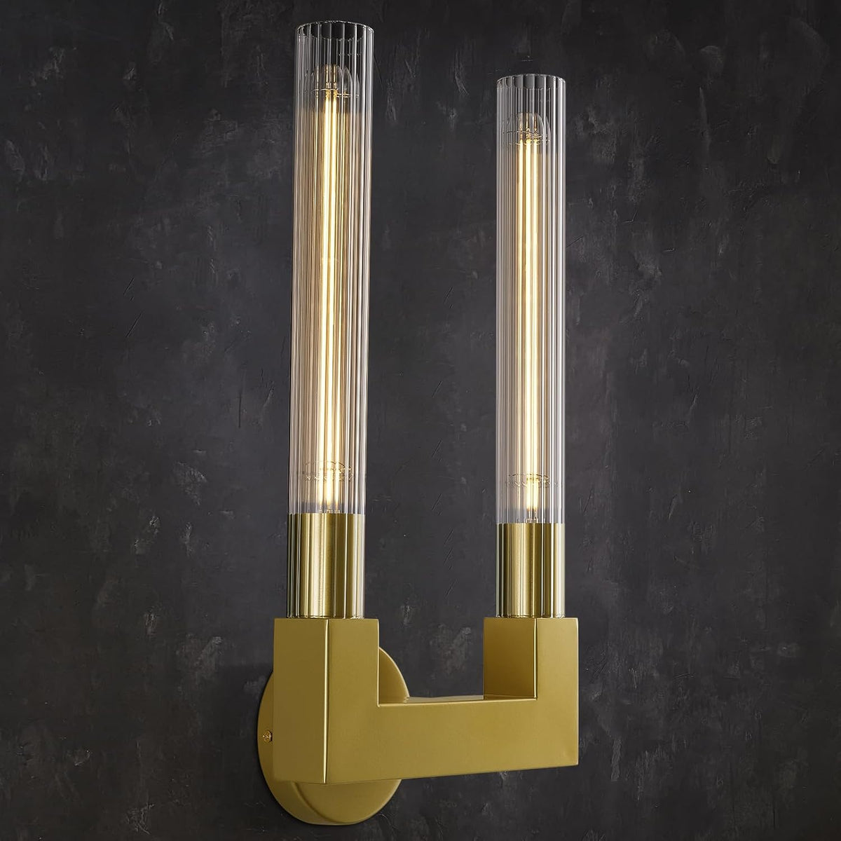 Inspired Cannele Style Modern Brass Wall Sconce,19 Inch Gold Double Bathroom Wall Sconces with Clear Glass Tube,Indoor 2-Light Vanity Mirror Wall Lights,for Bathroom,Living Room,Bedroom,Hallway,Entryway,Fireplace,Staircase