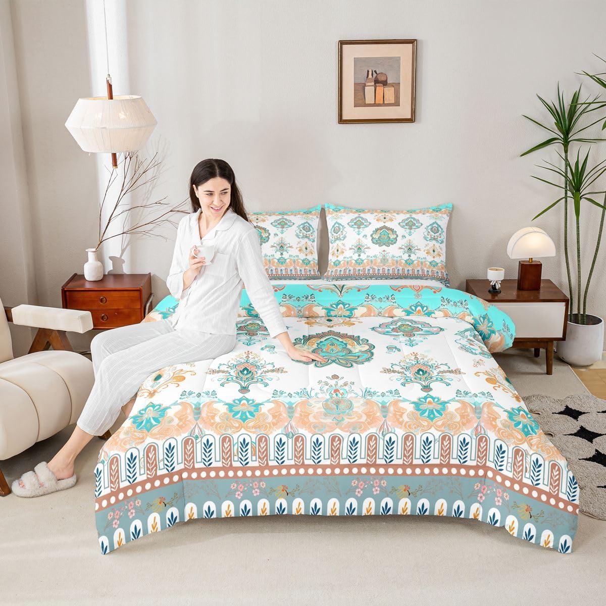Exotic Duvet Insert Bohemian Flower Bedding Set King for Girls Women, Tribe Aztec Exotic Paisley Comforter Set Rustic