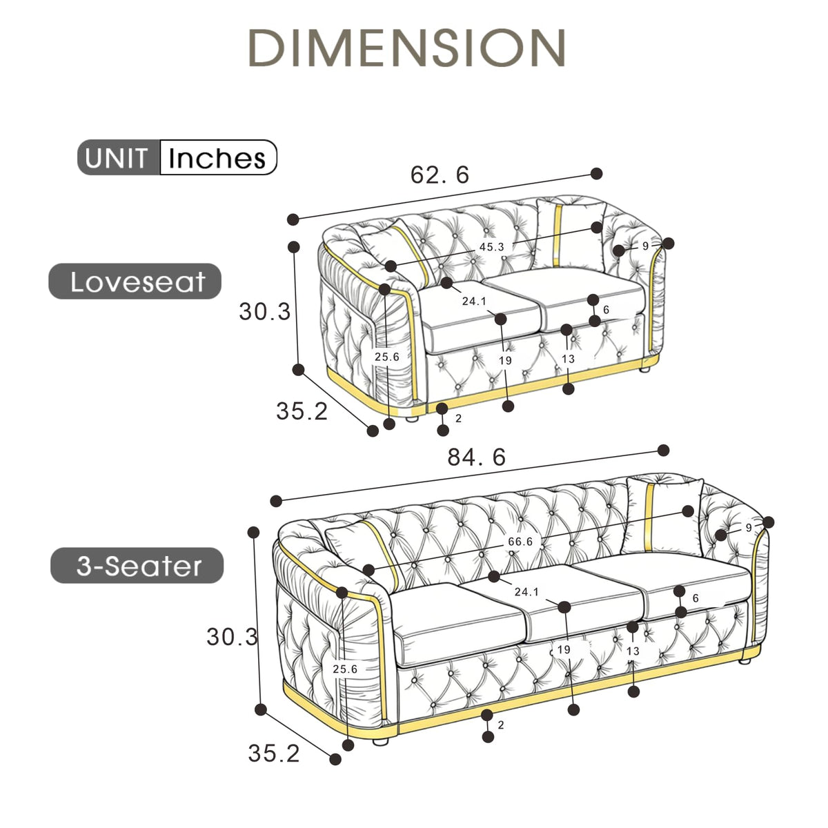 85" Luxury Oversized Chesterfield Sofa with 2 Pillow & Gold Stainless Decoration, Italian Modern Style 3-Seater
