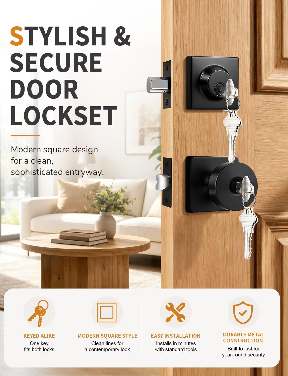 Door Knobs with Deadbolt for Exterior/Interior, 2 Pack Keyed Alike Heavy Duty Front Door Locksets, Inside/Outside