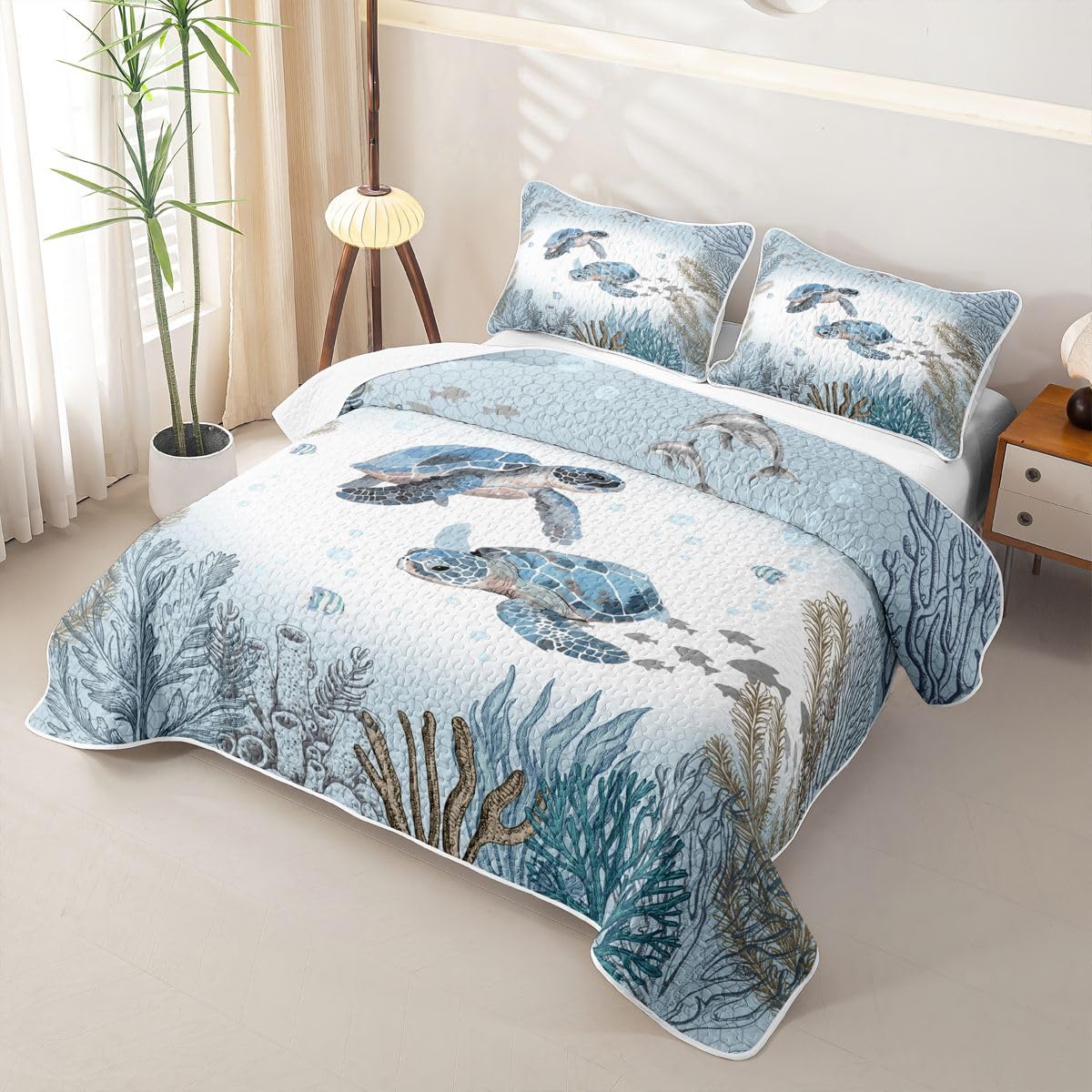 Sea Turtle Quilt Set Teal Blue Sea Coastal Lightweight Quilt Bedding Set for Summer Underwater World