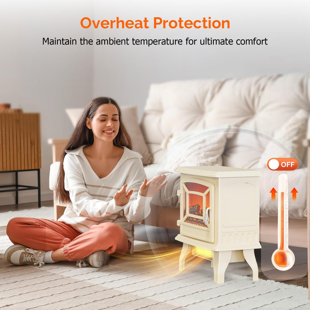 20" H Electric Fireplace Stove Space Heater, 1400W Portable Freestanding with Thermostat, Realistic Flame Logs