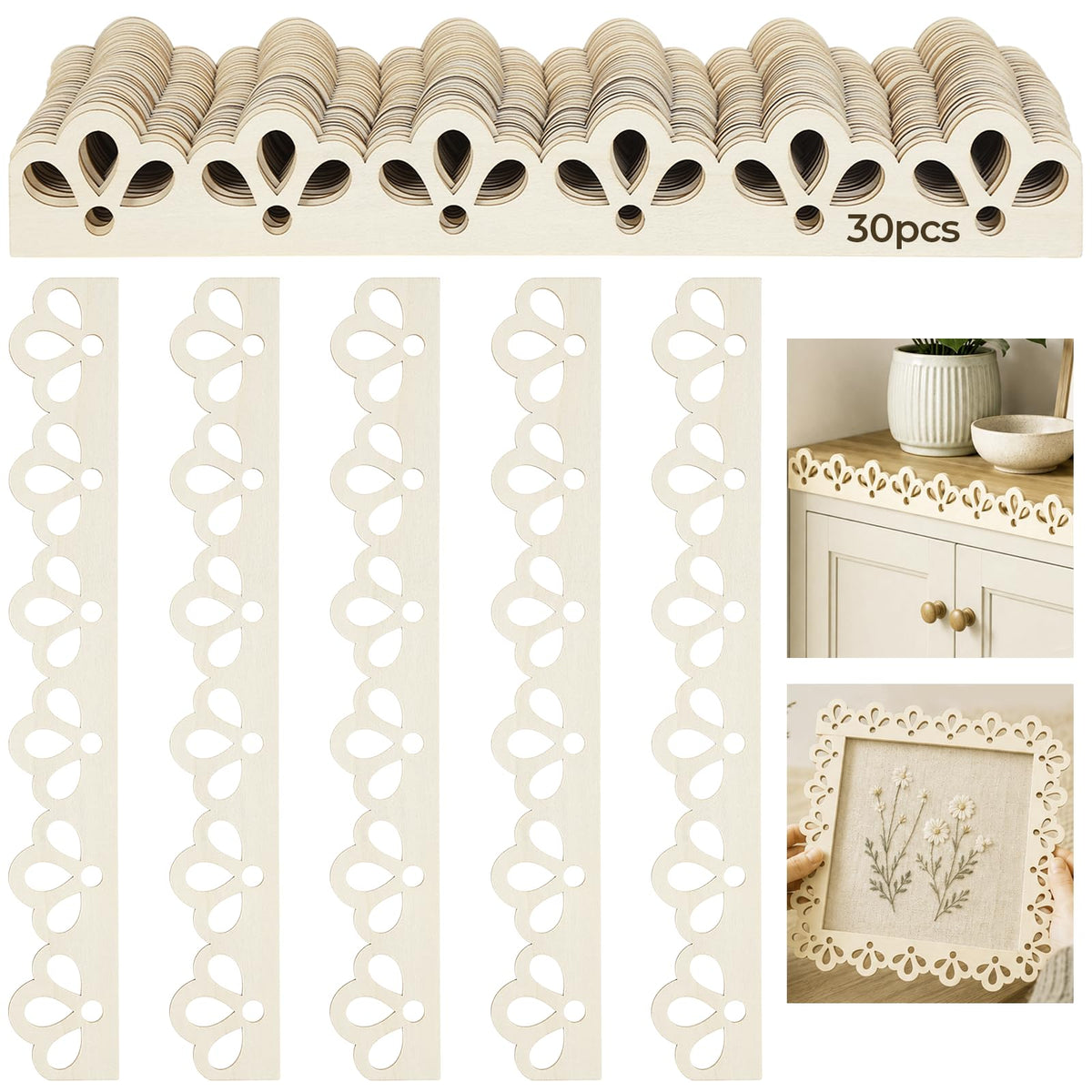 30 Pcs Scalloped Wood Trim, Floral Cutout DIY Wooden Molding, Unfinished Wood Trim Molding with Decorative Scallop