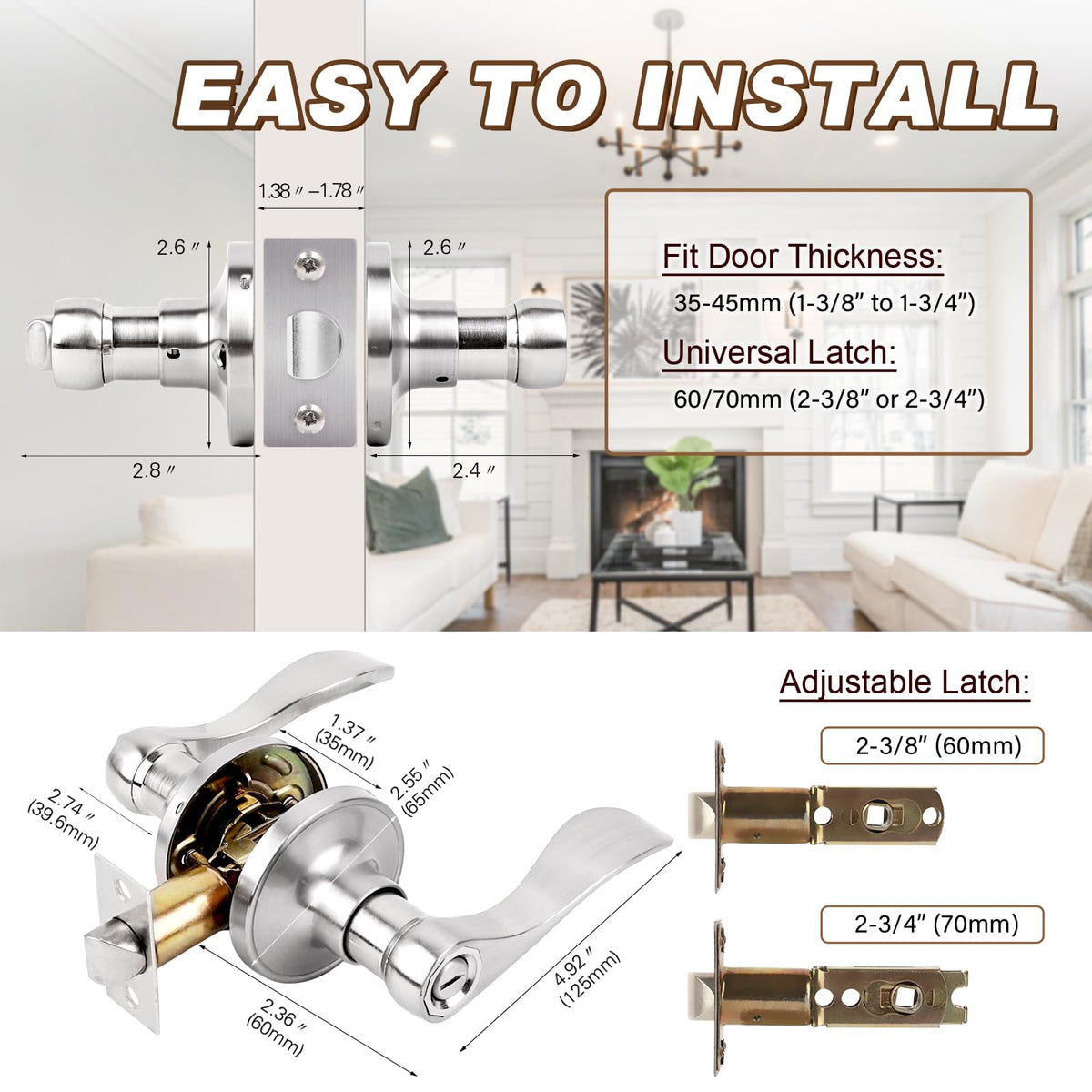 Privacy Door Handle Lock, Stain Brass Interior Door Handles with Screwdriver, Privacy Function Door Levers Bathroom